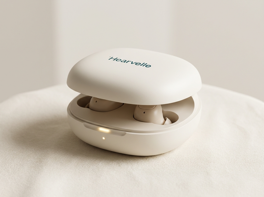 Hearvelle charging case with two discreet earpieces