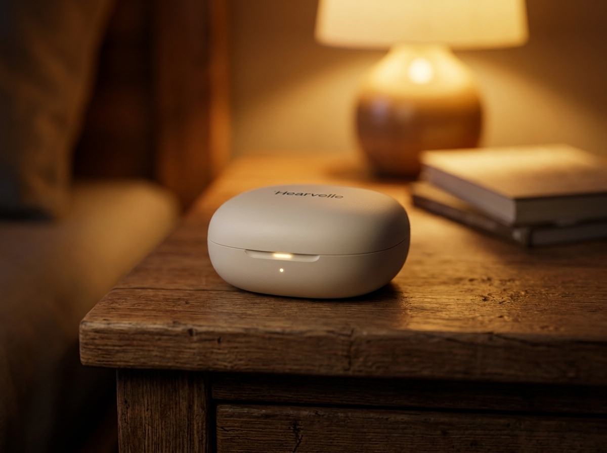 Hearvelle case charging on a nightstand